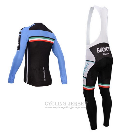 2014 Cycling Jersey Bianchi Black and Sky Blue Long Sleeve and Bib Tight