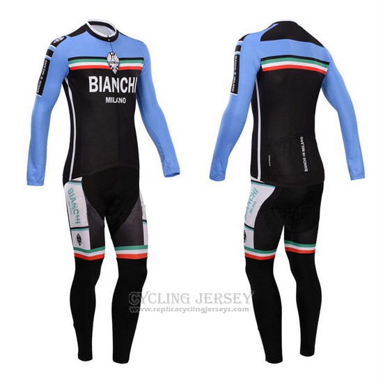 2014 Cycling Jersey Bianchi Black and Sky Blue Long Sleeve and Bib Tight