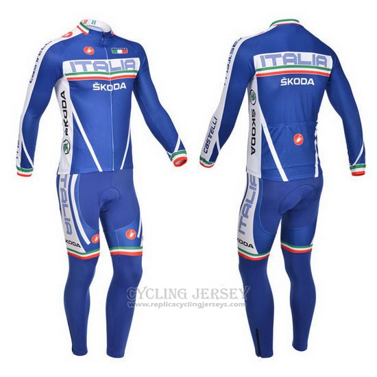 2013 Cycling Jersey Castelli White and Blue Long Sleeve and Bib Tight