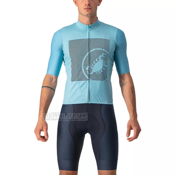 2022 Cycling Jersey Castelli Light Blue Gray Short Sleeve and Bib Short