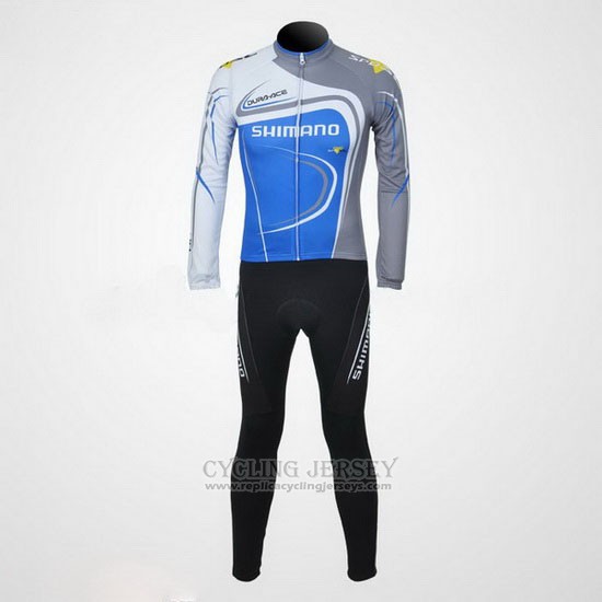 2011 Cycling Jersey Shimano Blue and Gray Long Sleeve and Bib Tight