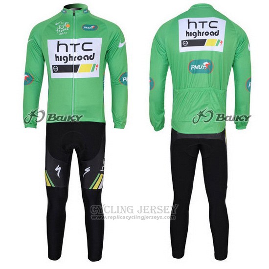2011 Cycling Jersey HTC Highroad Green and White Long Sleeve and Bib Tight
