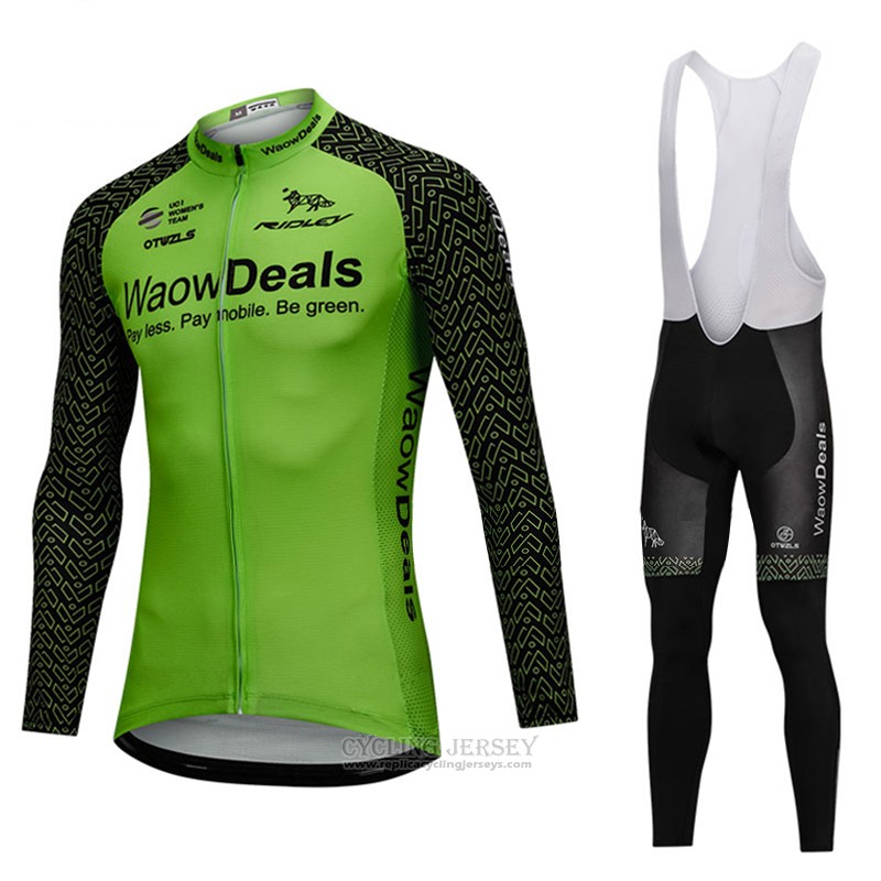 2018 Cycling Jersey Waowdeals Green and Black Long Sleeve and Bib Tight