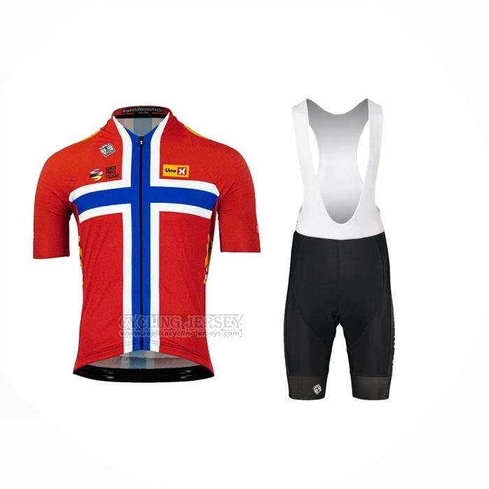 2023 Cycling Jersey UNO-X Norway Champion Red Blue Short Sleeve and Bib Short
