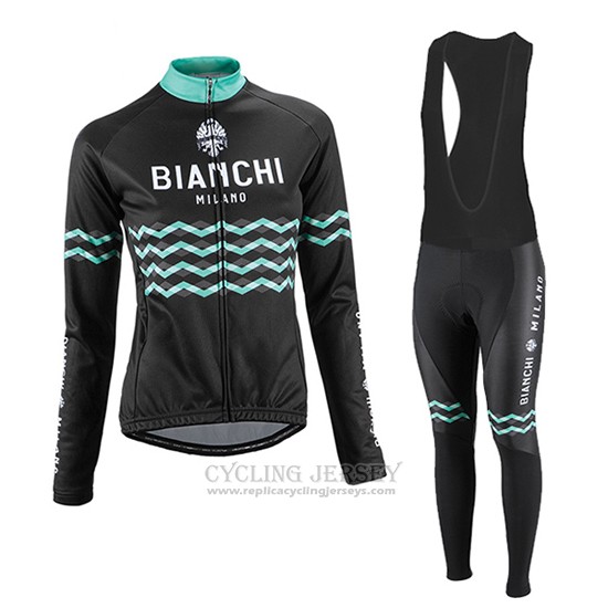 2016 Cycling Jersey Women Bianchi Black Long Sleeve and Bib Tight