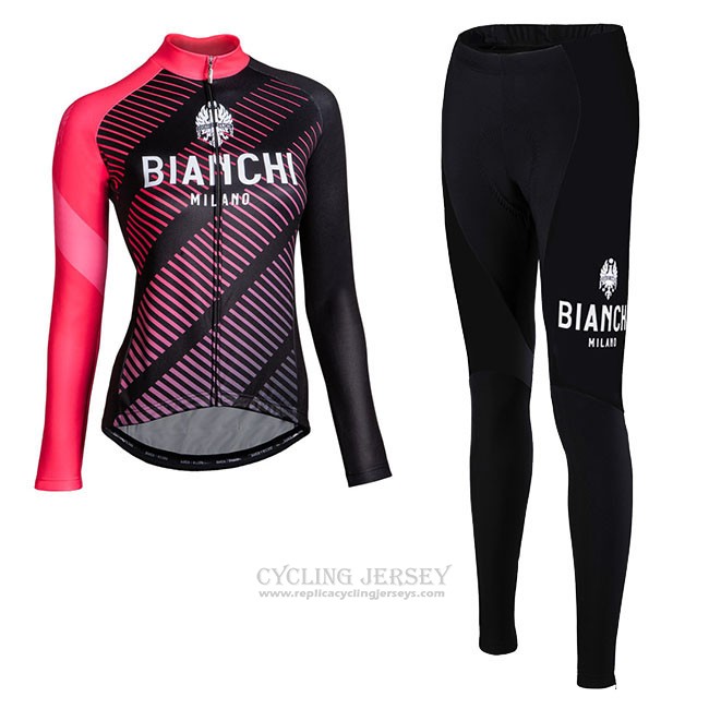 Cycling Jersey Women Bianchi Milano Catria Black Pink Long Sleeve and Bib Tight