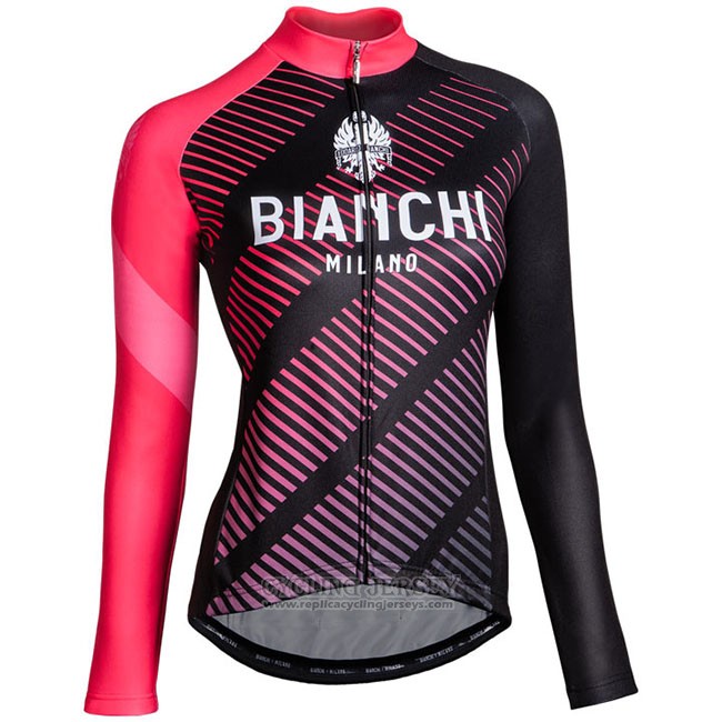 Cycling Jersey Women Bianchi Milano Catria Black Pink Long Sleeve and Bib Tight