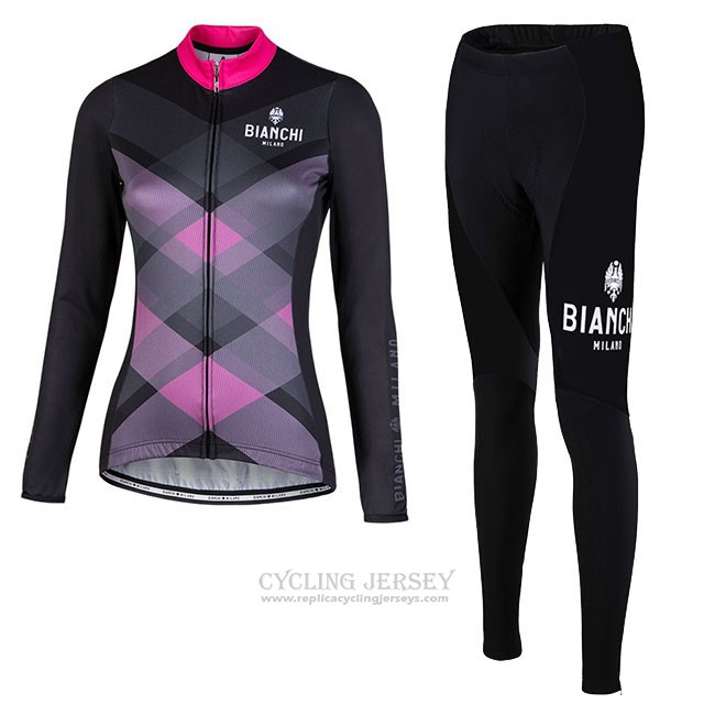 Cycling Jersey Women Bianchi Milano Cornedo Black Pink Long Sleeve and Bib Tight