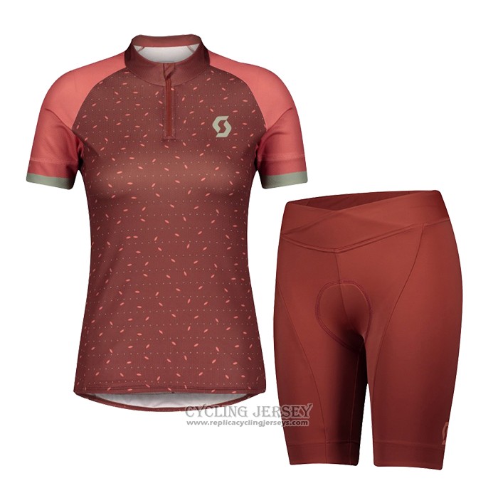 2021 Cycling Jersey Women Scott Dark Red Short Sleeve And Bib Short